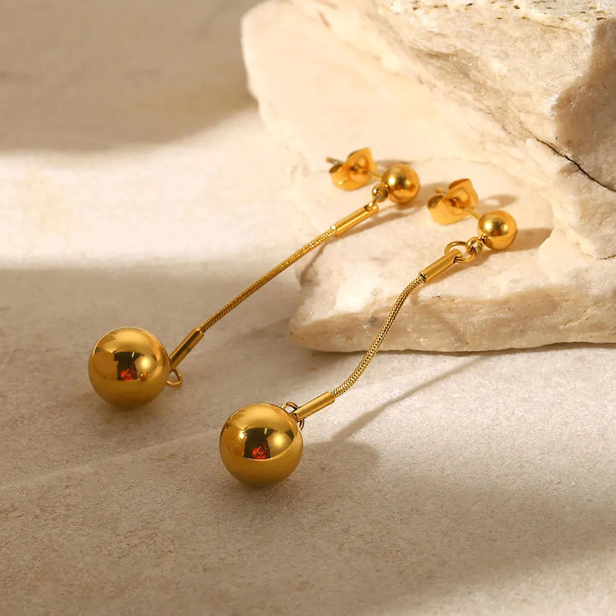 Fashion 18k Gold Long Small Golden Balls Stainless Steel Eardrops Earrings