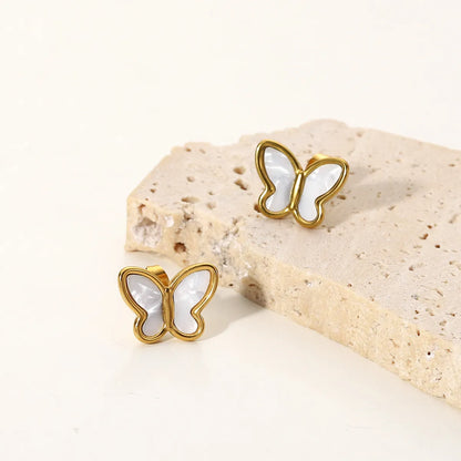 Fashion 18k Gold Natural White Shell Butterfly Shape Stainless Steel Stud