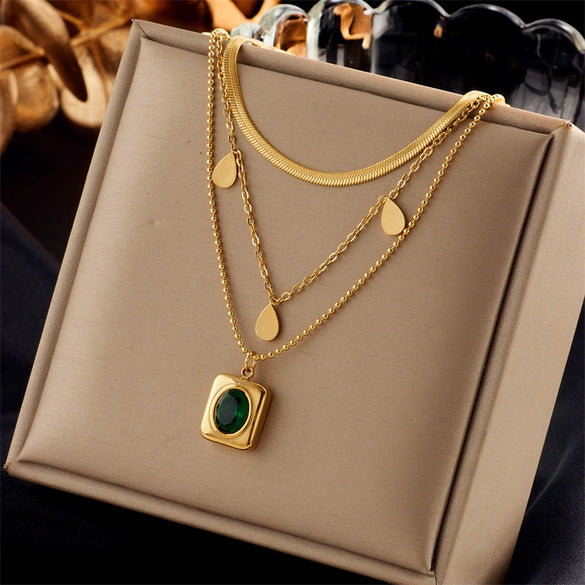 Fashion Accessories Necklace Glossy Drop Shaped Three Layer Stacked Clavicle Chain With Square Titanium Steel Pendant And Geometric Pattern Electroplated