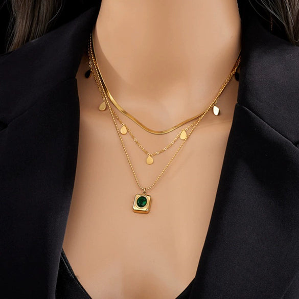 Fashion Accessories Necklace Glossy Drop Shaped Three Layer Stacked Clavicle Chain With Square Titanium Steel Pendant And Geometric Pattern Electroplated