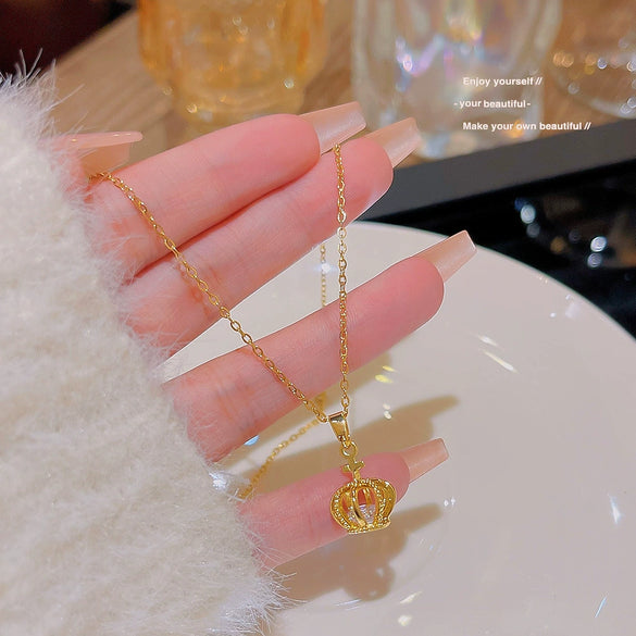 Fashion Accessories Titanium Steel Women's Light Luxury Cross Chain Necklace Set With Pearls Geometric Design