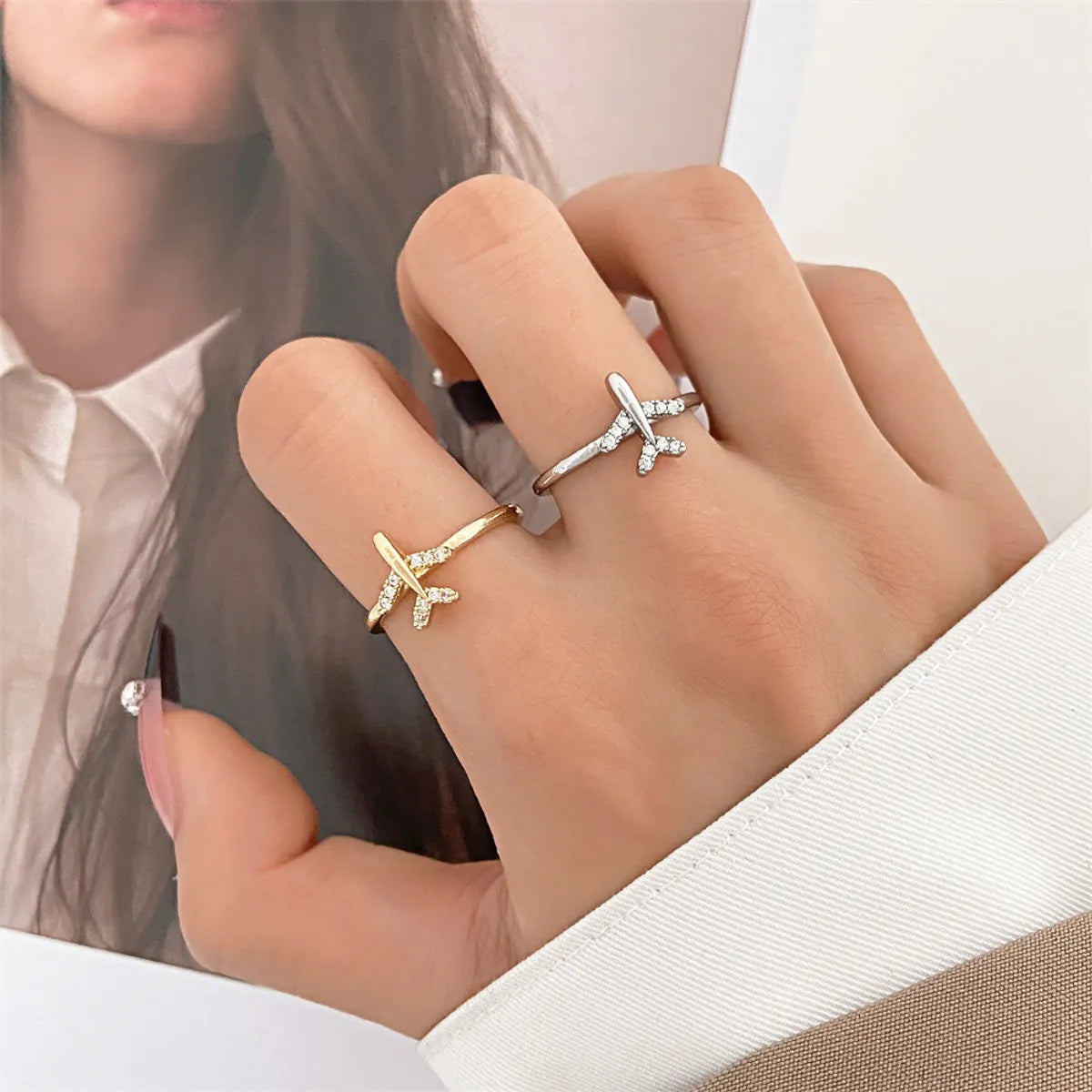 Fashion Airplane Copper Zircon Open Ring In Bulk