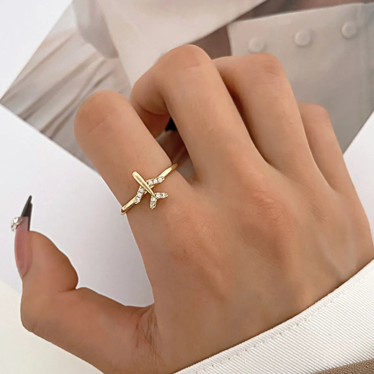 Fashion Airplane Copper Zircon Open Ring In Bulk