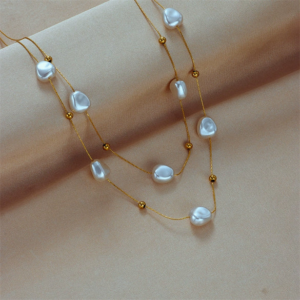 Fashion All Match Personality Retro Baroque Pearl Double Titanium Steel Clavicle Necklace With Geometric Pattern And Electroplating Treatment