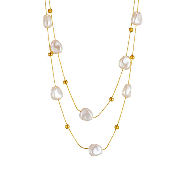 Fashion All Match Personality Retro Baroque Pearl Double Titanium Steel Clavicle Necklace With Geometric Pattern And Electroplating Treatment