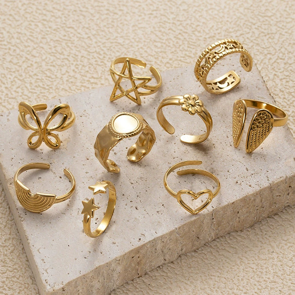 Fashion All Match Titanium Steel Ring With Star Heart Flower Shapes Light Luxury Opening Adjustable Electroplated