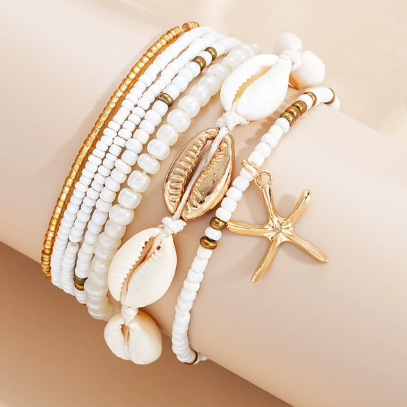 Fashion Allmatch Bohemian Style Rice Bead Shell Starfish Pendant Multilayer Bracelet 7Piece Set Alloy Handmade
