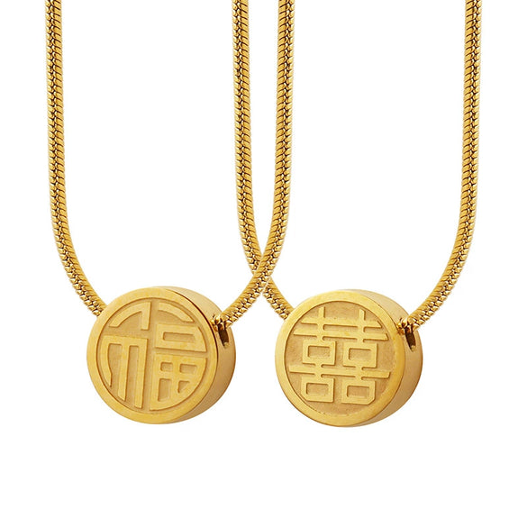 Fashion Allmatch Doublesided Fuxi Character Sliding Pendant Necklace With Titanium Steel 18K Gold Plated Snake Bone Chain Geometric Pattern Electroplated