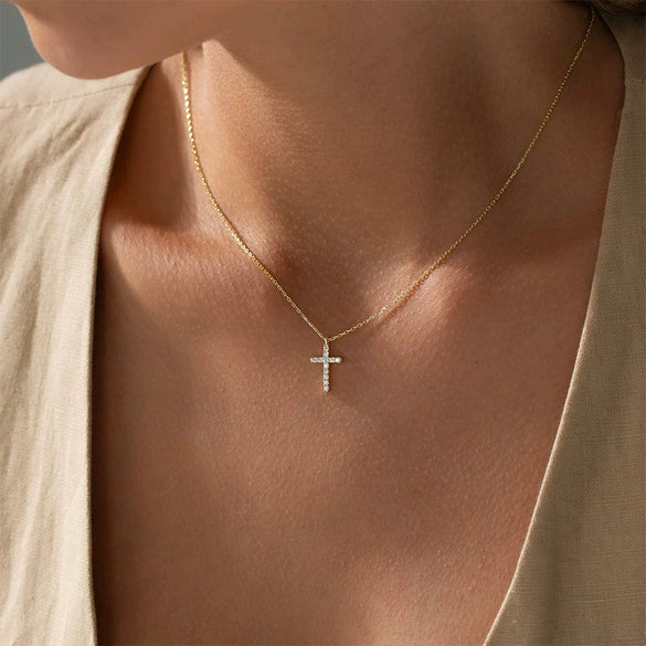 Fashion Allmatch Jewelry Exquisite Copper Set With Zircon Cross Necklace For Women Geometric Style Copper Plated With Real Gold Electroplating Treatment