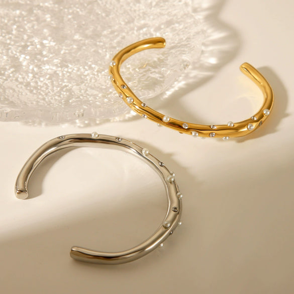 Fashion Allmatch Titanium Steel Bracelet 18K Goldplated With Pearl Zircon Cross Inlaid For Women