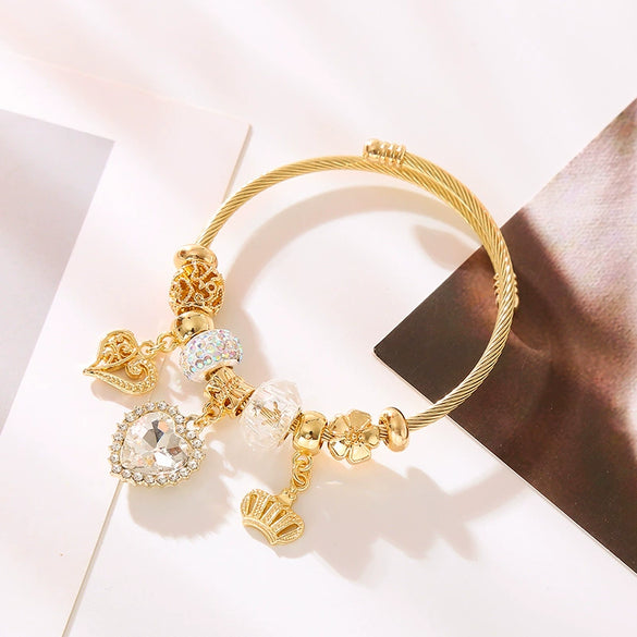 Fashion Alloy Beaded Heart Shape Crown Adjustable Couple Bracelet With Diamond Design
