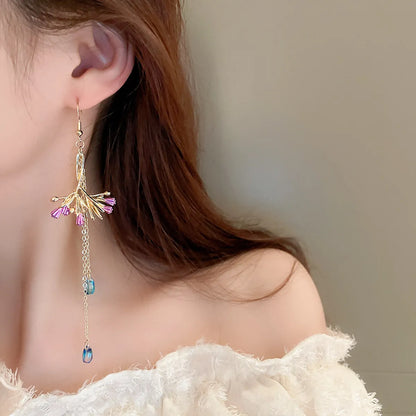 Fashion Alloy Diamond-Studded Geometric Earrings Long Tassel Flower Earrings