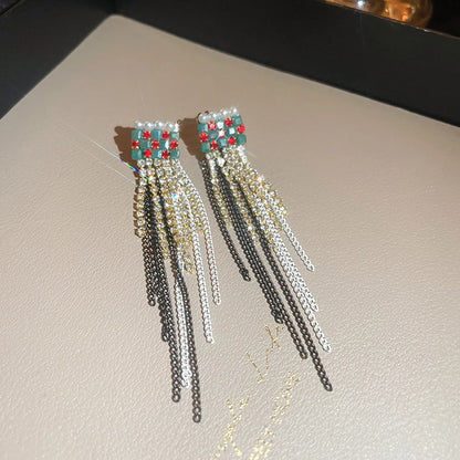 Fashion Alloy Diamond-Studded Geometric Earrings Long Tassel Flower Earrings