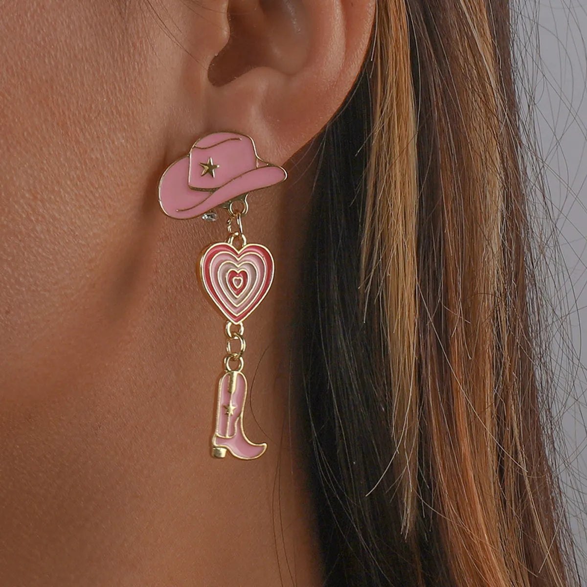 Fashion Alloy Modern Hat Heart-Shaped Cowboy Boots Drip Oil Multi-Layer Earrings