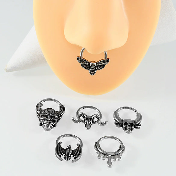Fashion Ancient Silver Butterfly Nose Ring Stainless Steel Geometric Style With Polishing Also Ghost Head Cow Head Earrings And Bat Puncture Buckle Nose Ring