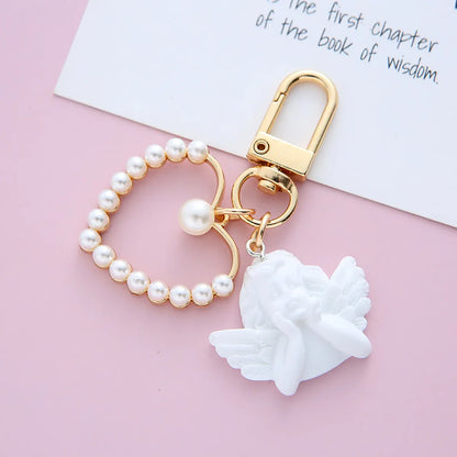 Fashion Angel Heart Shape Alloy Resin Inlay Rhinestones Pearl Women'S Keychain 1 Piece