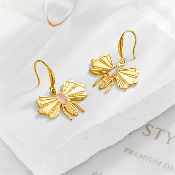 Fashion Animal Insect Titanium Steel Gold Plated Pendant Earrings For Women