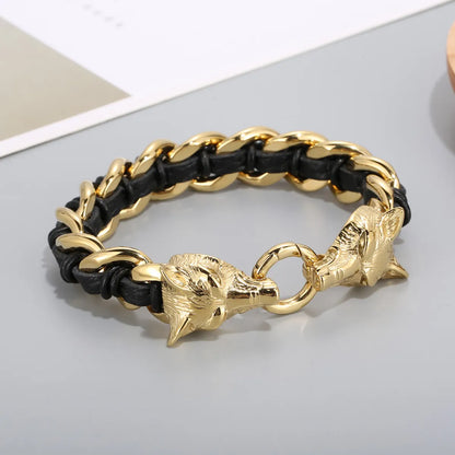 Fashion Animal Wolf Stainless Steel Leather Braid Bangle