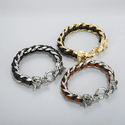 Fashion Animal Wolf Stainless Steel Leather Braid Bangle