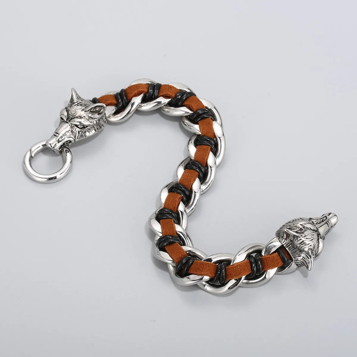 Fashion Animal Wolf Stainless Steel Leather Braid Bangle