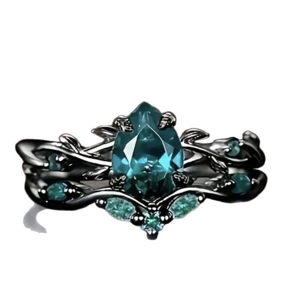 Fashion Antiring Gun Black Inlaid Green Diamond Alloy Geometric Engagement Ring For Women With Electroplating