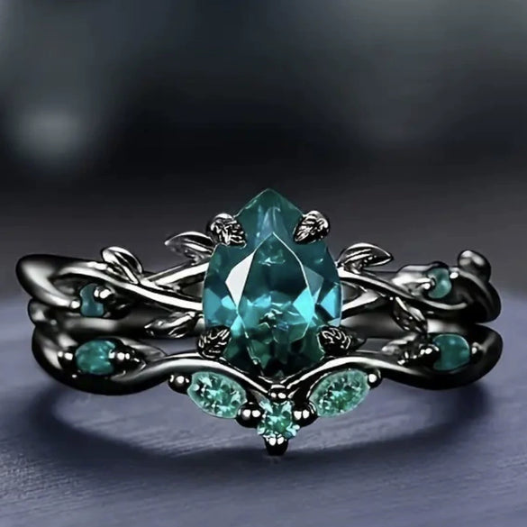 Fashion Antiring Gun Black Inlaid Green Diamond Alloy Geometric Engagement Ring For Women With Electroplating