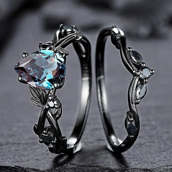 Fashion Antiring Gun Black Inlaid Sea Blue Diamond Alloy Geometric Engagement Ring For Women With Electroplating And Ins Style