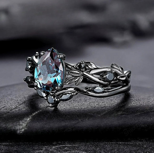 Fashion Antiring Gun Black Inlaid Sea Blue Diamond Alloy Geometric Engagement Ring For Women With Electroplating And Ins Style