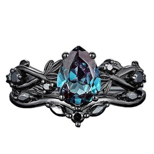 Fashion Antiring Gun Black Inlaid Sea Blue Diamond Alloy Geometric Engagement Ring For Women With Electroplating And Ins Style