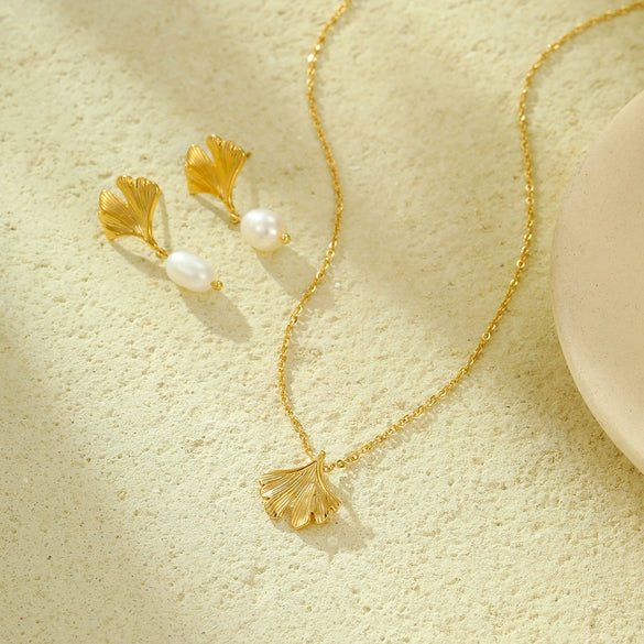 Fashion Apricot Leaf Freshwater Pearl Earrings And Necklace Set For Women Stainless Steel 18K Gold Plated