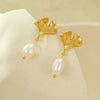 Fashion Apricot Leaf Freshwater Pearl Earrings And Necklace Set For Women Stainless Steel 18K Gold Plated