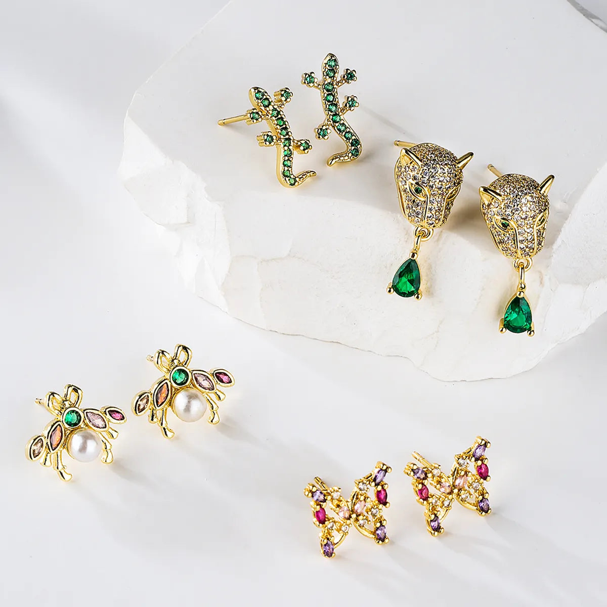 Fashion Bee Lizard Butterfly Copper Gold Plated Zircon Ear Studs 1 Pair