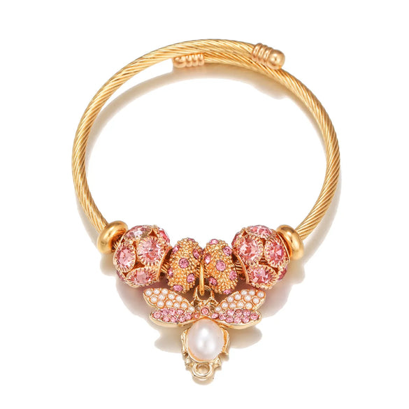 Fashion Bee Titanium Steel Inlay Artificial Pearls Rhinestones Bangle 1 Piece