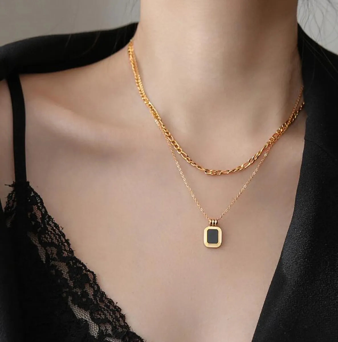 Fashion Black Square Double Layered Titanium Steel Necklace Wholesale