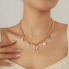 Fashion Blue And White Porcelain Butterfly Flower Drop Glue Stainless Steel Titanium Steel Necklace With Electroplating
