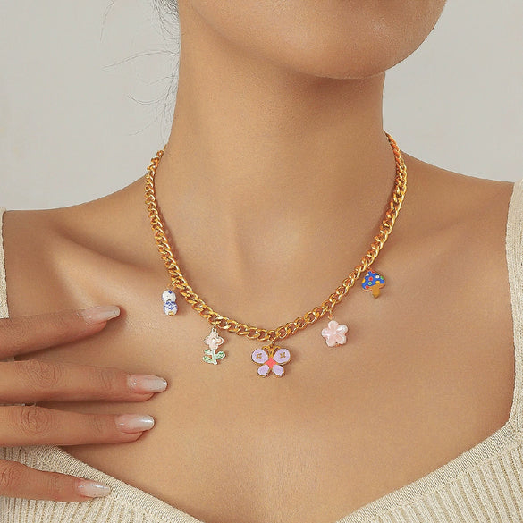 Fashion Blue And White Porcelain Butterfly Flower Drop Glue Stainless Steel Titanium Steel Necklace With Electroplating