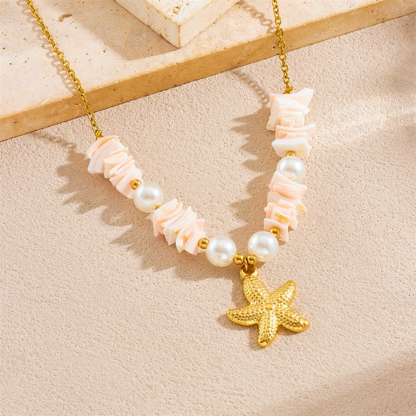 Fashion Bohemian Irregular Shell Stainless Steel Starfish Star Pendant Necklace With Electroplating
