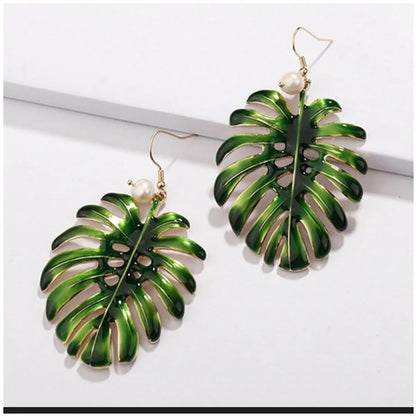 Fashion Bohemian Style Green Coconut Leaf 18k Gold-plated Pearl Pendant Earrings