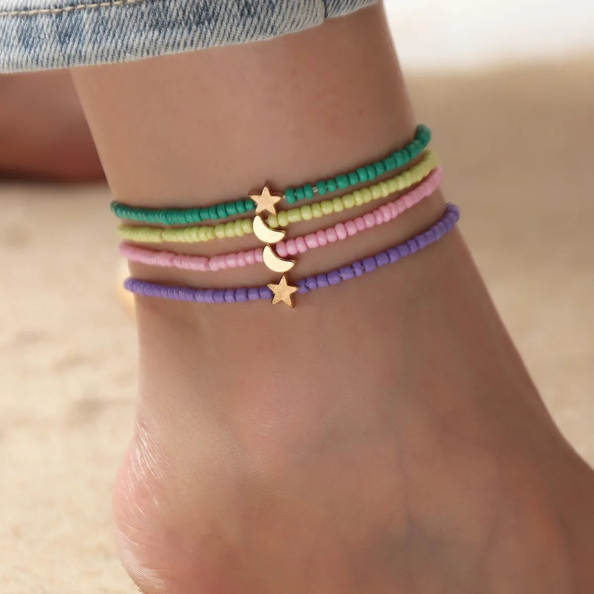 Fashion Bohemian Style Solid Color Star Moon Pendant Beach Anklet 4-piece Suit