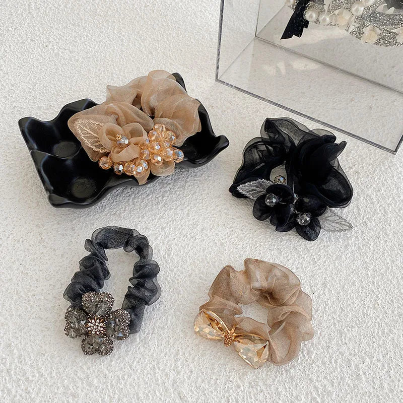 Fashion Bow Knot Cloth Handmade Rhinestones Hair Tie 1 Piece