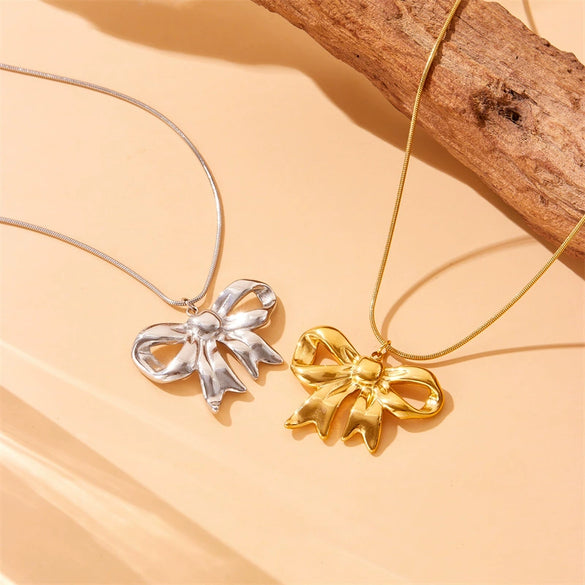 Fashion Bow Tie Star Shape Stainless Steel Gold Plated Clavicle Chain Necklace