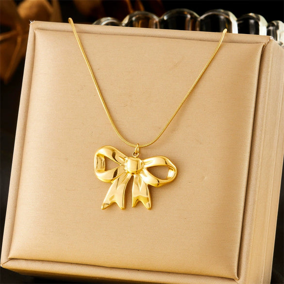 Fashion Bow Tie Star Shape Stainless Steel Gold Plated Clavicle Chain Necklace