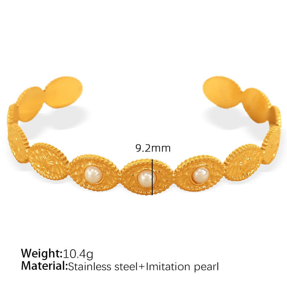 Fashion Bracelet 316L Stainless Steel Cshaped Leaf White Bead Design Electroplated