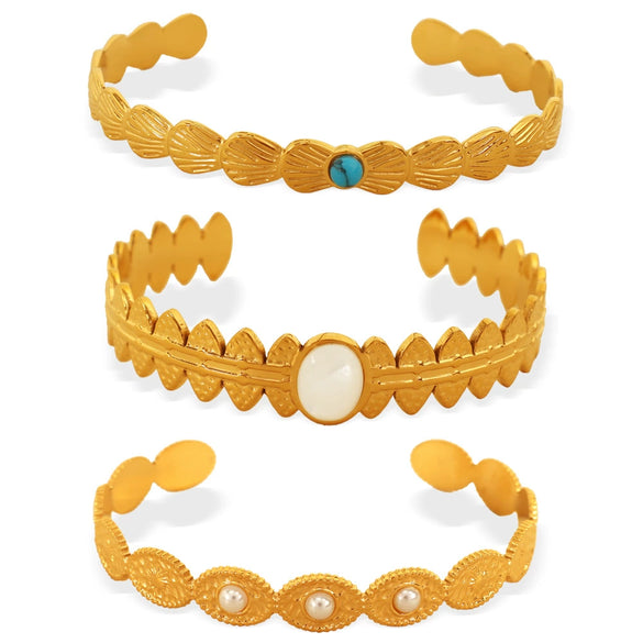 Fashion Bracelet 316L Stainless Steel Cshaped Leaf White Bead Design Electroplated