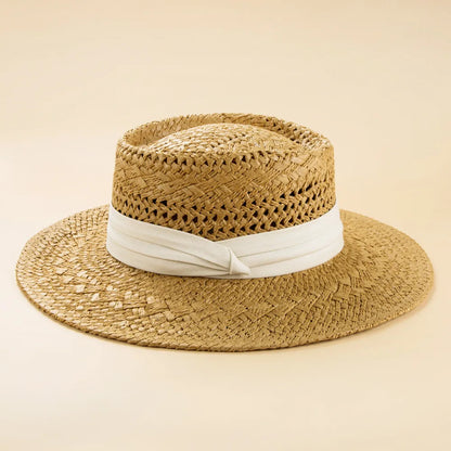 Fashion British Style Handmade Straw Woven Concave Top Hat Female Summer Vacation Seaside Sun-Proof Beach Hat