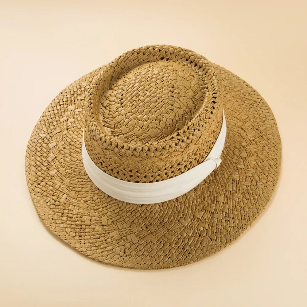 Fashion British Style Handmade Straw Woven Concave Top Hat Female Summer Vacation Seaside Sun-Proof Beach Hat