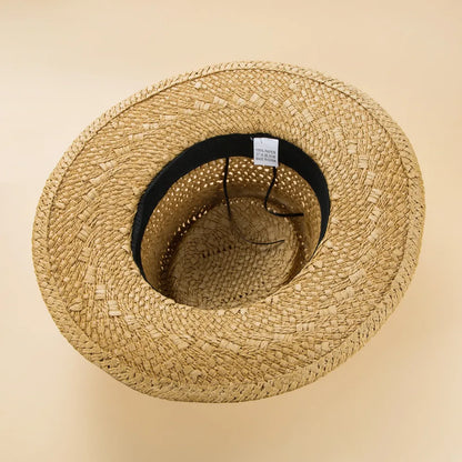 Fashion British Style Handmade Straw Woven Concave Top Hat Female Summer Vacation Seaside Sun-Proof Beach Hat