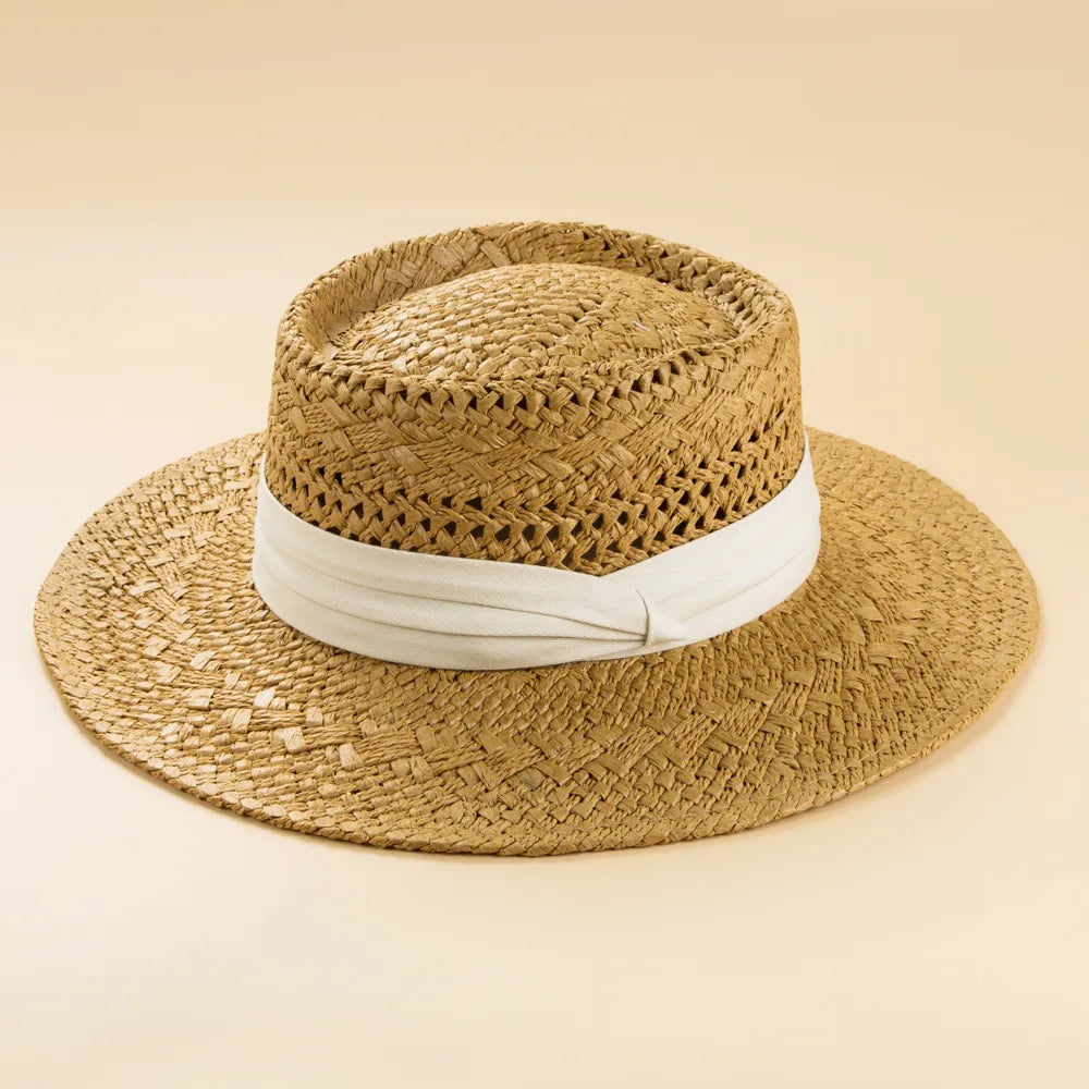 Fashion British Style Handmade Straw Woven Concave Top Hat Female Summer Vacation Seaside Sun-Proof Beach Hat