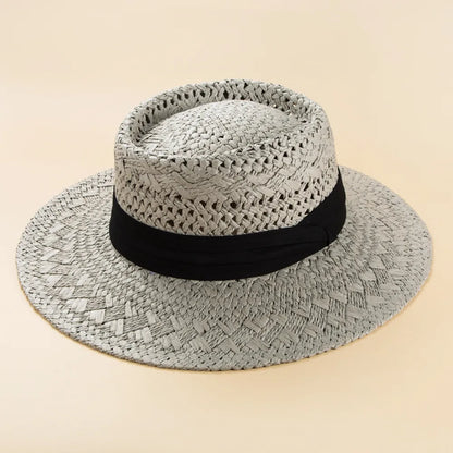 Fashion British Style Handmade Straw Woven Concave Top Hat Female Summer Vacation Seaside Sun-Proof Beach Hat