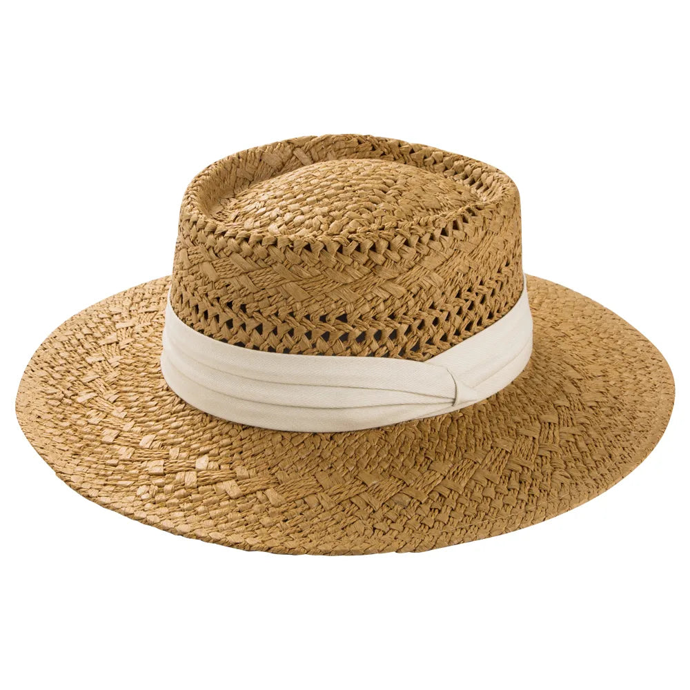 Fashion British Style Handmade Straw Woven Concave Top Hat Female Summer Vacation Seaside Sun-Proof Beach Hat